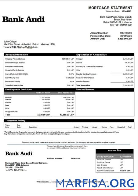 Blank Lebanon Bank Audi mortgage statement Word and PDF template